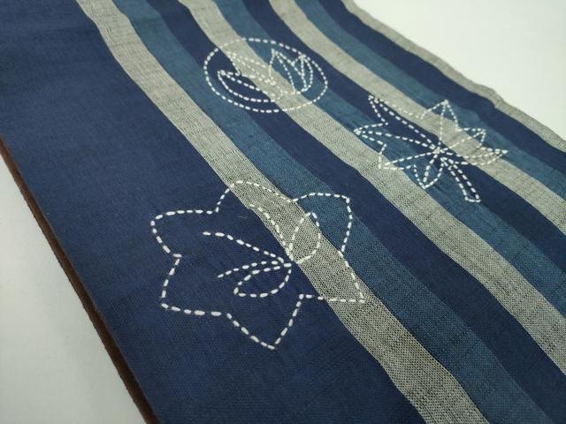 平和屋着物●太鼓柄　京袋帯　刺し子　総刺繍　花楓　鰹縞　綿　逸品　DABD1186ps