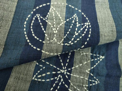 平和屋着物●太鼓柄　京袋帯　刺し子　総刺繍　花楓　鰹縞　綿　逸品　DABD1186ps