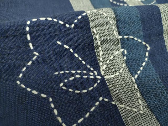 平和屋着物●太鼓柄　京袋帯　刺し子　総刺繍　花楓　鰹縞　綿　逸品　DABD1186ps