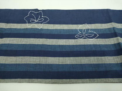 平和屋着物●太鼓柄　京袋帯　刺し子　総刺繍　花楓　鰹縞　綿　逸品　DABD1186ps