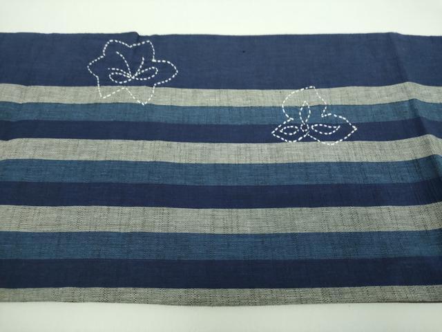 平和屋着物●太鼓柄　京袋帯　刺し子　総刺繍　花楓　鰹縞　綿　逸品　DABD1186ps