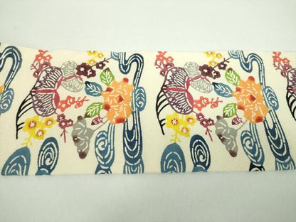 平和屋着物●本場琉球紅型　九寸名古屋帯　流水花文　正絹　逸品　未使用　DABD1191ps