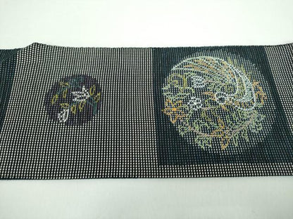 平和屋着物●八寸名古屋帯　網干花鳥丸文　正絹　逸品　DABD1197ps