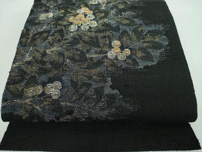 平和屋着物●八寸名古屋帯　紬地　南天文　黒地　金銀糸　正絹　逸品　DABD1198ps