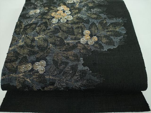 平和屋着物●八寸名古屋帯　紬地　南天文　黒地　金銀糸　正絹　逸品　DABD1198ps
