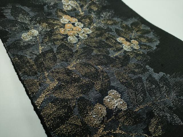 平和屋着物●八寸名古屋帯　紬地　南天文　黒地　金銀糸　正絹　逸品　DABD1198ps