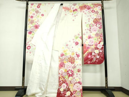 平和屋着物●豪華振袖　刺繍　舞蝶花文　暈し染め　金彩　銀通し地　正絹　逸品　DABD1201ps