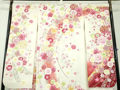 平和屋着物●豪華振袖　刺繍　舞蝶花文　暈し染め　金彩　銀通し地　正絹　逸品　DABD1201ps