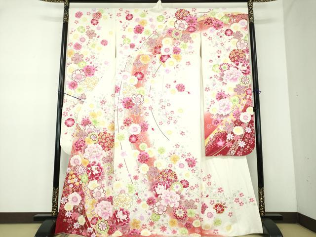 平和屋着物●豪華振袖　刺繍　舞蝶花文　暈し染め　金彩　銀通し地　正絹　逸品　DABD1201ps
