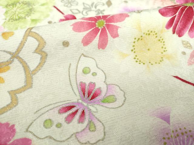 平和屋着物●豪華振袖　刺繍　舞蝶花文　暈し染め　金彩　銀通し地　正絹　逸品　DABD1201ps