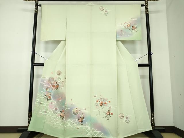 平和屋着物●訪問着　雪輪舞蝶花文　暈し染め　金彩　正絹　逸品　DABD1204ps