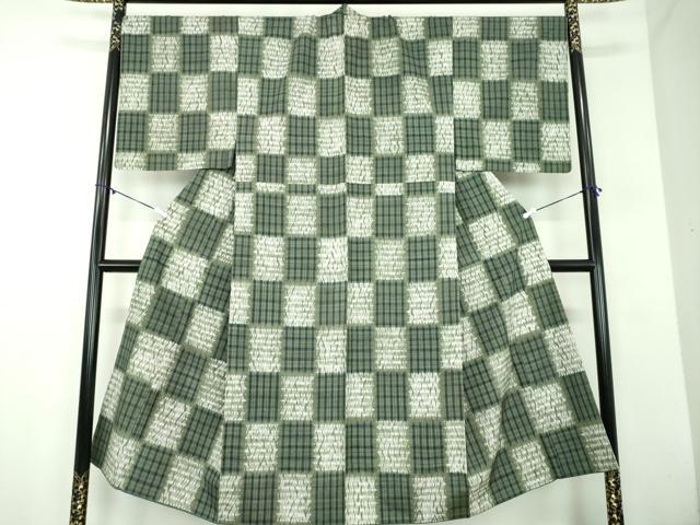 平和屋着物●男性　紬　杢目絞り　市松文様　大丸扱い　正絹　逸品　DABD1205ps