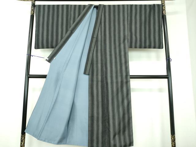 平和屋着物●男性　お召　キングサイズ　間道　黒地　正絹　逸品　DABD1215ps