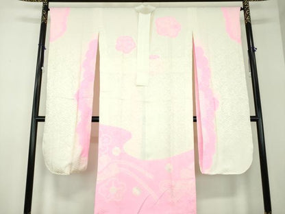 平和屋着物●振袖用長襦袢　袷　半衿刺繍　絞り　扇面梅文　正絹　逸品　DABD1243ps