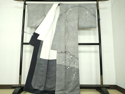 平和屋着物●訪問着　作家物　枝垂れ花　青海波　たたき染め　黒地　銀彩　正絹　逸品　DABD1244ps