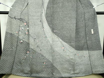 平和屋着物●訪問着　作家物　枝垂れ花　青海波　たたき染め　黒地　銀彩　正絹　逸品　DABD1244ps
