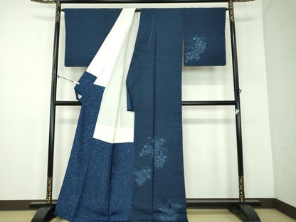 平和屋着物●本藍　型絵染　訪問着　紬地　草花文　やまと金ラベル　正絹　逸品　未使用　DABD1250ps