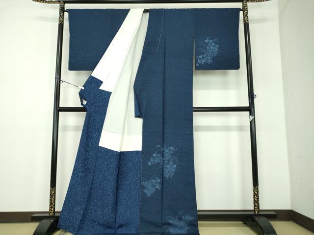 平和屋着物●本藍　型絵染　訪問着　紬地　草花文　やまと金ラベル　正絹　逸品　未使用　DABD1250ps