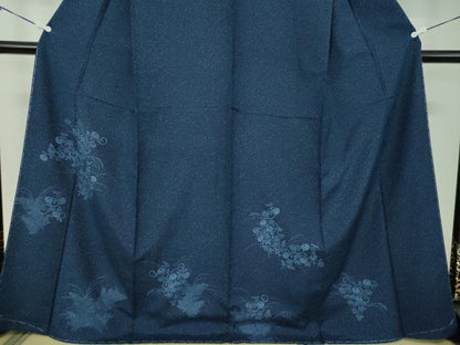平和屋着物●本藍　型絵染　訪問着　紬地　草花文　やまと金ラベル　正絹　逸品　未使用　DABD1250ps