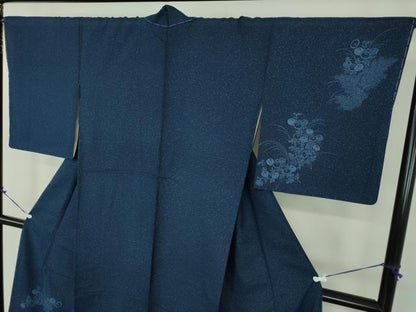 平和屋着物●本藍　型絵染　訪問着　紬地　草花文　やまと金ラベル　正絹　逸品　未使用　DABD1250ps