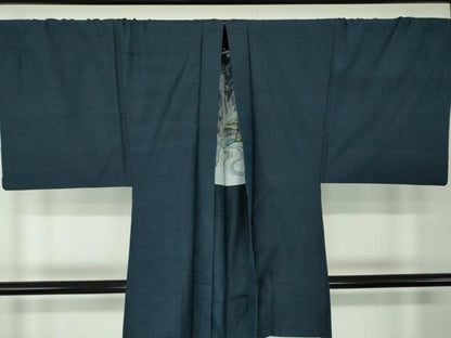 平和屋着物●男性　紬　アンサンブル　キングサイズ　長羽織　濃紺地　正絹　逸品　DABD1254ps