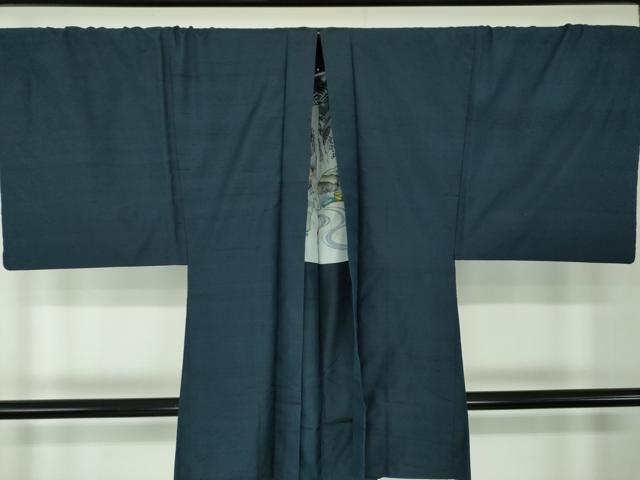 平和屋着物●男性　紬　アンサンブル　キングサイズ　長羽織　濃紺地　正絹　逸品　DABD1254ps