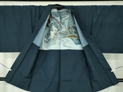 平和屋着物●男性　紬　アンサンブル　キングサイズ　長羽織　濃紺地　正絹　逸品　DABD1254ps