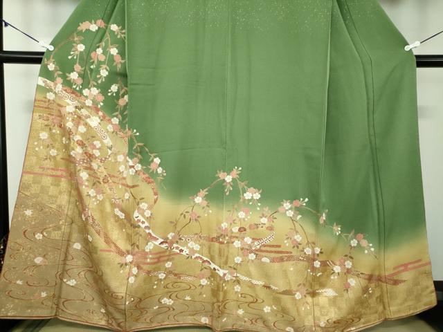 平和屋着物●訪問着　刺繍　枝垂れ桜　流水鬘帯花文　暈し染め　金彩　やまと誂製　正絹　逸品　DABD1262ps