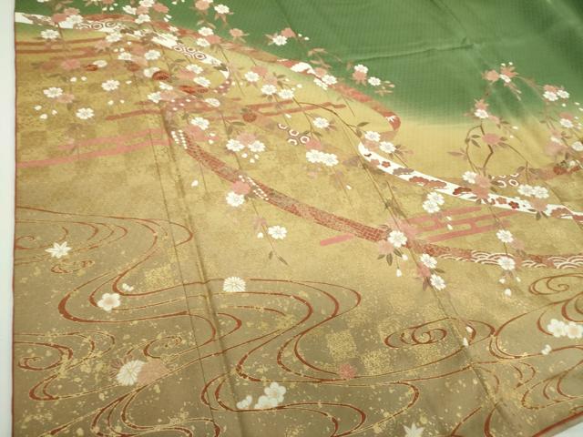 平和屋着物●訪問着　刺繍　枝垂れ桜　流水鬘帯花文　暈し染め　金彩　やまと誂製　正絹　逸品　DABD1262ps