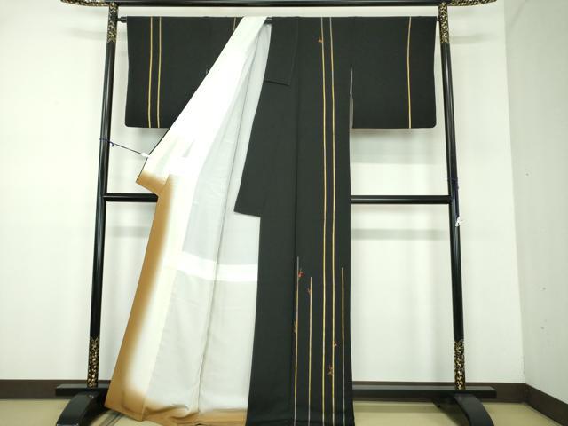 平和屋着物●訪問着　刺繍　草花文　間道　黒地　金彩　正絹　逸品　DABD1267ps