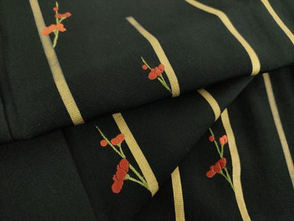 平和屋着物●訪問着　刺繍　草花文　間道　黒地　金彩　正絹　逸品　DABD1267ps