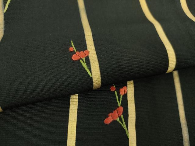 平和屋着物●訪問着　刺繍　草花文　間道　黒地　金彩　正絹　逸品　DABD1267ps