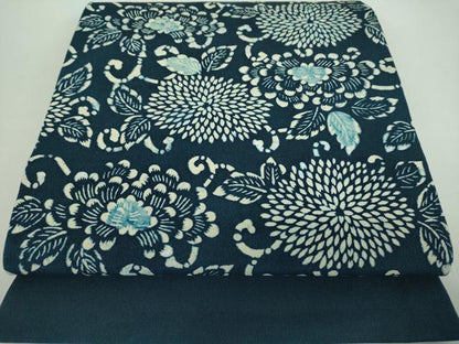 平和屋着物●九寸開き名古屋帯　本藍　型絵染　菊文　お召縮緬　正絹　逸品　DABD1268ps