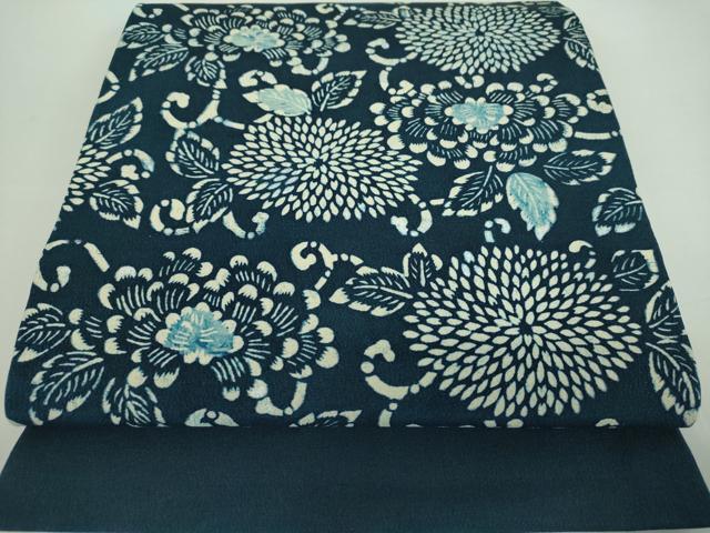 平和屋着物●九寸開き名古屋帯　本藍　型絵染　菊文　お召縮緬　正絹　逸品　DABD1268ps