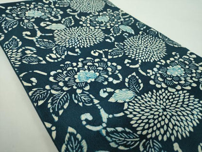 平和屋着物●九寸開き名古屋帯　本藍　型絵染　菊文　お召縮緬　正絹　逸品　DABD1268ps