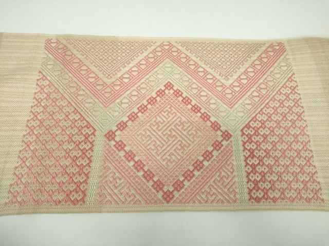 平和屋着物●八寸名古屋帯　こぎん刺し　菱文　正絹　逸品　DABD1273ps