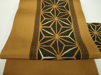 平和屋着物●九寸名古屋帯　麻の葉間道　鬼しぼ縮緬　金彩　正絹　逸品　DABD1278ps