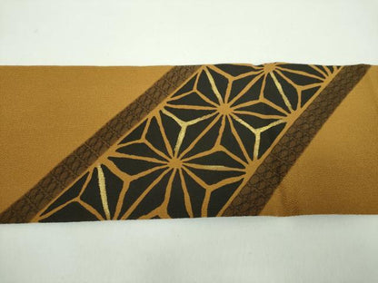 平和屋着物●九寸名古屋帯　麻の葉間道　鬼しぼ縮緬　金彩　正絹　逸品　DABD1278ps