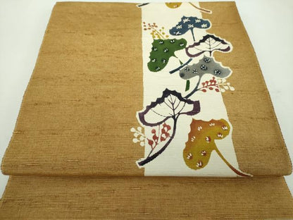 平和屋着物●八寸名古屋帯　紬地　作家物　型染　草花間道　正絹　逸品　DABD1279ps
