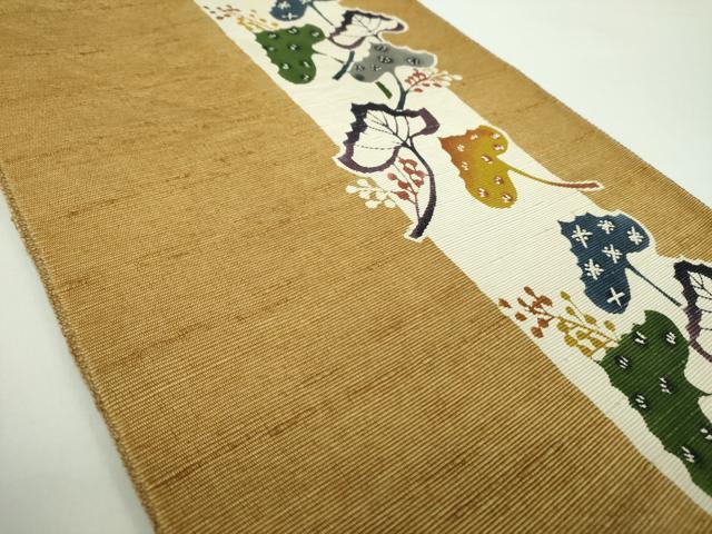 平和屋着物●八寸名古屋帯　紬地　作家物　型染　草花間道　正絹　逸品　DABD1279ps