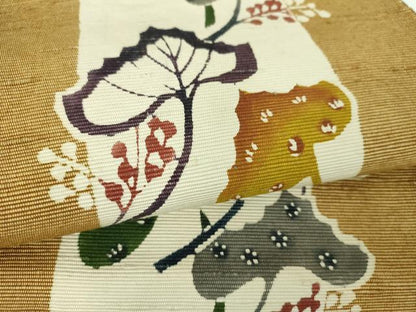 平和屋着物●八寸名古屋帯　紬地　作家物　型染　草花間道　正絹　逸品　DABD1279ps
