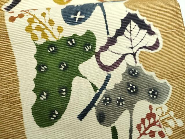 平和屋着物●八寸名古屋帯　紬地　作家物　型染　草花間道　正絹　逸品　DABD1279ps