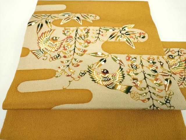 平和屋着物●九寸名古屋帯　作家物　型染　草木手染　花鳥文　鬼しぼ縮緬　正絹　逸品　DABD1280ps