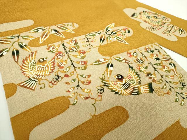平和屋着物●九寸名古屋帯　作家物　型染　草木手染　花鳥文　鬼しぼ縮緬　正絹　逸品　DABD1280ps