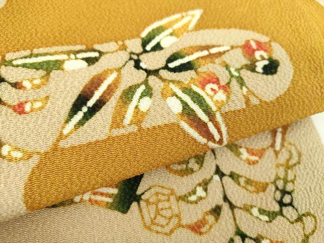 平和屋着物●九寸名古屋帯　作家物　型染　草木手染　花鳥文　鬼しぼ縮緬　正絹　逸品　DABD1280ps