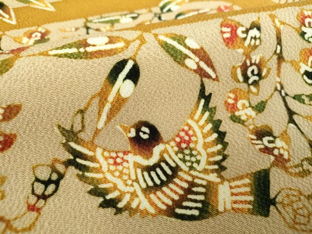 平和屋着物●九寸名古屋帯　作家物　型染　草木手染　花鳥文　鬼しぼ縮緬　正絹　逸品　DABD1280ps