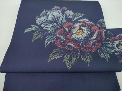 平和屋着物●塩瀬　九寸名古屋帯　駒刺繍　牡丹文　金銀彩　正絹　逸品　DABD1287ps