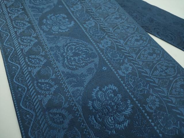 平和屋着物●本場筑前博多織　八寸名古屋帯　藍　花間道　正絹　逸品　未使用　DABD1289ps