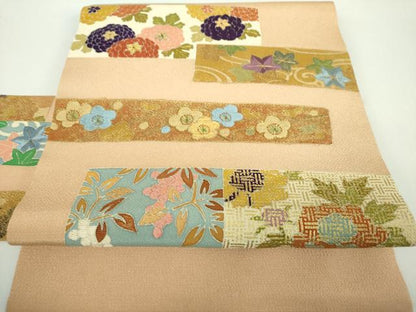 平和屋着物●九寸名古屋帯　駒刺繍　吉祥花文　鬼しぼ縮緬　金彩　正絹　逸品　DABD1298ps