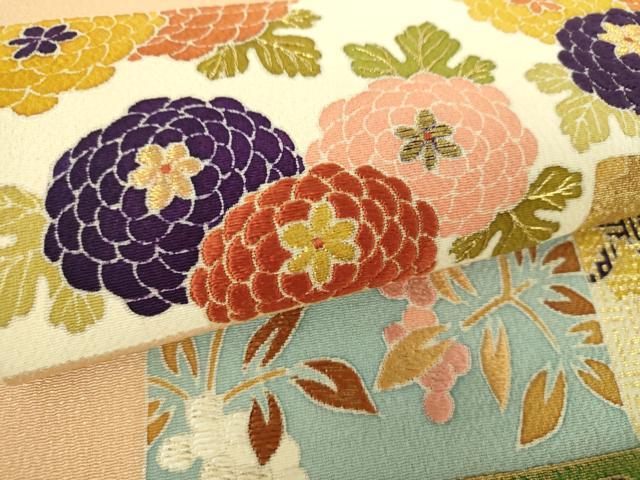 平和屋着物●九寸名古屋帯　駒刺繍　吉祥花文　鬼しぼ縮緬　金彩　正絹　逸品　DABD1298ps